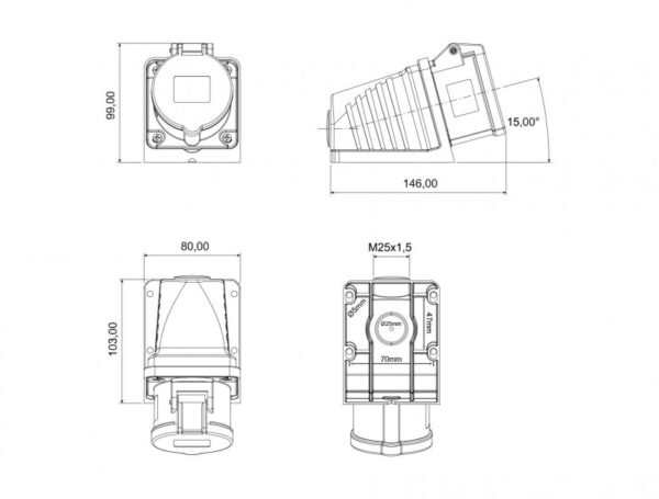90° Angled Wall Socket Class IP44 Ampere 5/16A Volt 380V-450V Hertz 50Hz - 60Hz - Image 3