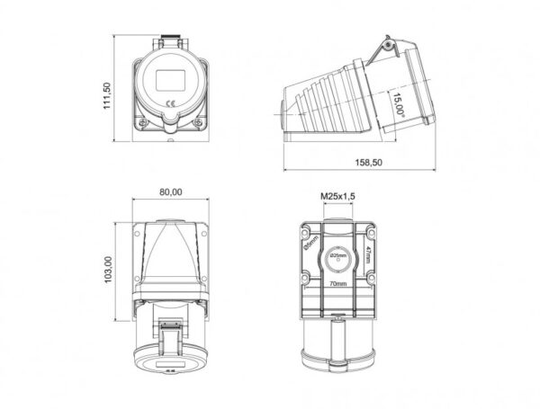 90° Angled Wall Socket  IP Class IP44 Ampere 32A Volt 220V-250V Hertz 50Hz - 60Hz - Image 2