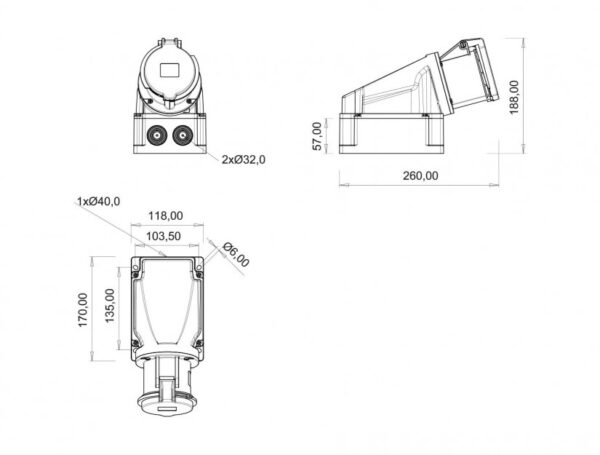 90° Angled Wall Socket IP Class IP44 Ampere 63A Volt 380V-450V Hertz 50Hz - 60Hz - Image 2